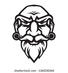 old tribe man face solid line art with beard and mustache illustration black and white