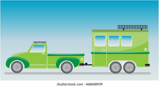 Old truck and Camping Caravan car  Vector Illustration