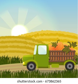 Old truck carries a ripe pumpkins in background of wheat fields. Dawn or sunset at time of harvest. Thanksgiving Day. Autumnal vector landscape can be used in newsletter, brochures, postcards, banner.