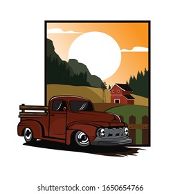 old truck and the farm fields