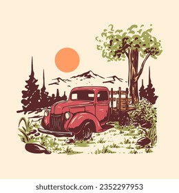 old truck illustration vintage handdrawn by youkenart