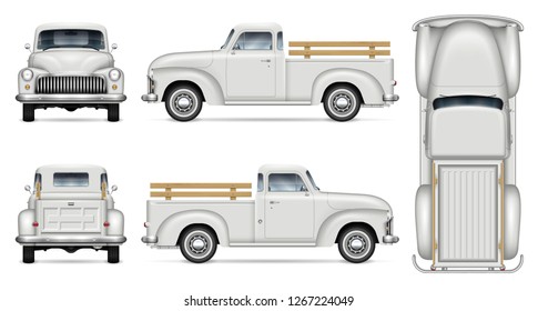 Old truck vector mockup on white background. Isolated vintage white pickup view from side, front, back, top. All elements in the groups on separate layers for easy editing and recolor.