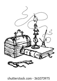 Old trunk, the book, candle holder, set to the letter and the key. Manual graphics ink. Adult Coloring Books