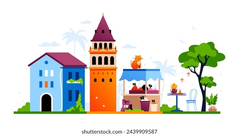 Antigua ciudad turca - ilustración vectorial de colores modernos con calle de la antigua ciudad con la torre de Gálata y pequeño mercado con especias y tés. Hospitalidad en el extranjero, puntos de referencia e idea de viaje