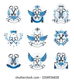 Old Turnkey Keys emblems set. Heraldic vector design elements collection. Retro style label, heraldry logo.