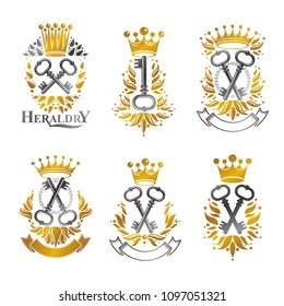 Old Turnkey Keys emblems set. Heraldic vector design elements collection. Retro style label, heraldry logo.