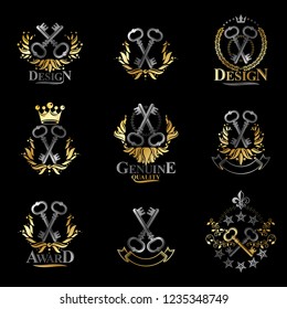 Old Turnkey Keys emblems set. Heraldic vector design elements collection. Retro style label, heraldry logo.