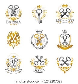 Old Turnkey Keys emblems set. Heraldic vector design elements collection. Retro style label, heraldry logo.