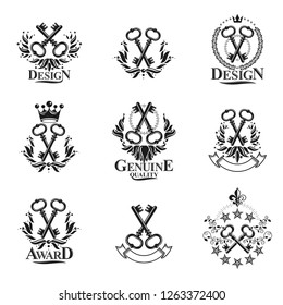 Old Turnkey Keys emblems set. Heraldic vector design elements collection. Retro style label, heraldry logo.