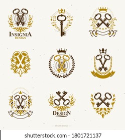 Old Turnkey Keys emblems set. Heraldic vector design elements collection. Retro style label, heraldry logo.