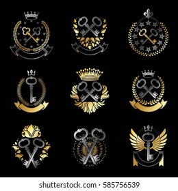 Old Turnkey Keys emblems set. Heraldic vector design elements collection. Retro style label, heraldry logo.