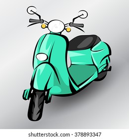 Old turquoise scooter. Three quarters view. Modern vintage ink style. Vector illustration. Retro moped.