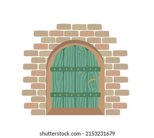 Old turquoise-colored wooden door and a brick wall. Vector fabulous vintage illustration for design or decor.