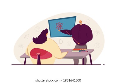 Old tutor teaching female student physics. Elderly person holding pointer at blackboard, girl sitting at table flat vector illustration. Education, tutoring concept for banner, website design