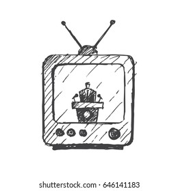 Old TV with antenna. Vector politics concept illustration. Hand drawn sketch.