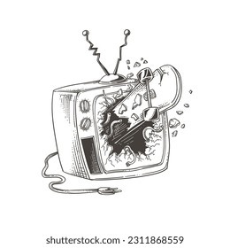 Old TV with broken screen. Vintage monochrome vector illustration