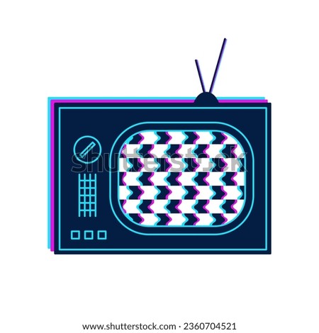 Old tv with distorted noice screen. Technical error, crash, bug, glitch, corruption concept. Psychedelic television. Vaporwave, retro futuristic, cyberpunk design. Vintage screen vector illustration