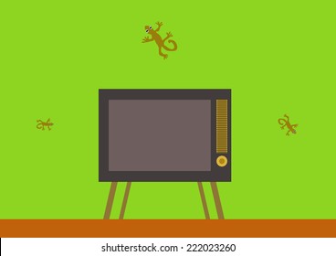 Old tv with gecko on wall background. Vector illustration
