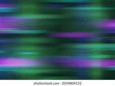 Old TV glitch noise screen rainbow background. Broken TV effect, video file error problem and and display fail vector backdrop with RGB pixels grid, green and violet lines wave, distortion effect