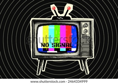 Old TV halftone cutout collage. No Signal. Mixed media design.