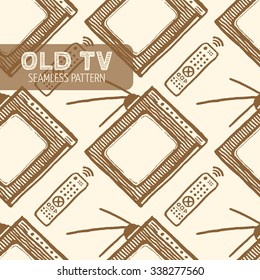 Old TV and remote control seamless pattern. Vintage style, hand drawn pen and ink.  Vector seamless pattern for wrapping. Retro design element for electronics store packaging