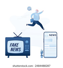 Old tv set with fake news. Elderly man jumps from vintage tv to modern smartphone with verified news in instant messengers and social networks. Different sources of information, search for truth.