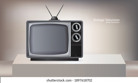 Old TV Set Isolated On Cubical Stage Background, Vector Illustration