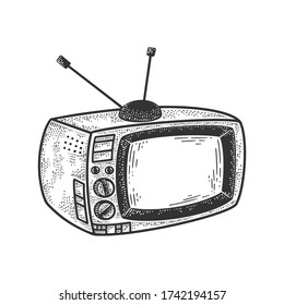 Old tv set sketch engraving vector illustration. T-shirt apparel print design. Scratch board imitation. Black and white hand drawn image.