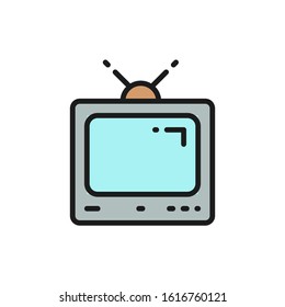 Old tv set, vintage television with antenna flat color line icon.