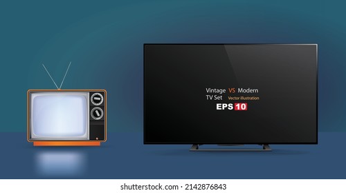 Old TV Set Vs Modern 4k Television Isolated On Blue Background, Vector Illustration