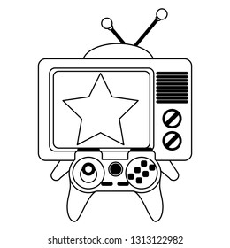 Old tv with star on screen and videogame gamepad in black and white