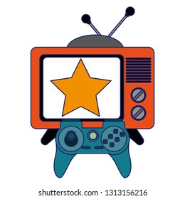 Old tv with star on screen and videogame gamepad