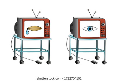 Old tv, television with antenna on a steel table with wheels. One with an aye crying and other with an eye opened. Concept illustration. Cartoon style vector illustration.
