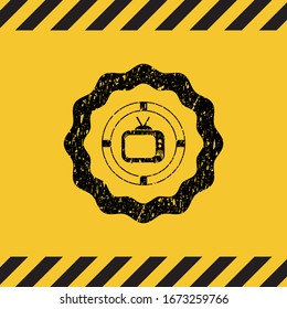 old tv, television icon black grunge emblem inside yellow warning sign. Vector Illustration. Detailed.