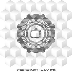 old tv, television icon inside realistic grey emblem with geometric cube white background