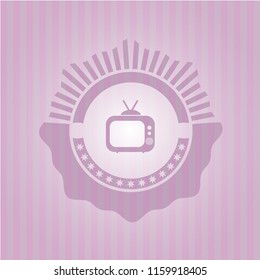 old tv, television icon inside pink emblem. Vintage.