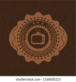old tv, television icon inside retro wood emblem