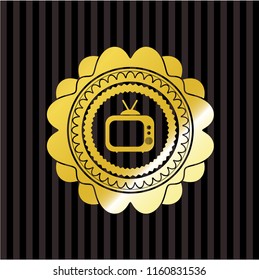 old tv, television icon inside golden emblem or badge