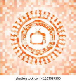 old tv, television icon inside abstract emblem, orange mosaic background