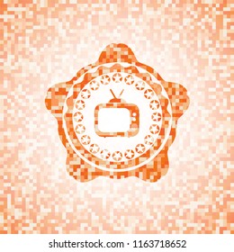 old tv, television icon inside abstract orange mosaic emblem with background