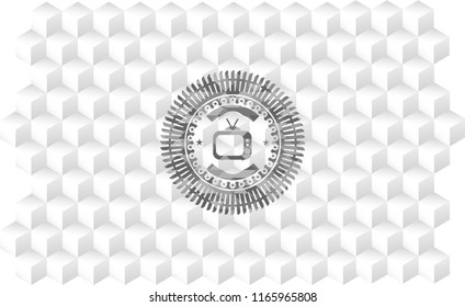 old tv, television icon inside grey icon or emblem with geometric cube white background