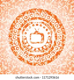 old tv, television icon inside orange tile background illustration. Square geometric mosaic seamless pattern with emblem inside.
