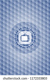 old tv, television icon inside blue polygonal emblem.