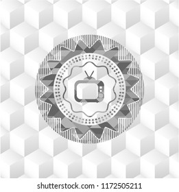 old tv, television icon inside grey badge with geometric cube white background