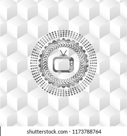 old tv, television icon inside grey emblem. Vintage with geometric cube white background