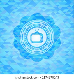 old tv, television icon inside light blue emblem. Mosaic background
