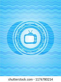 old tv, television icon inside water wavec oncept emblem.