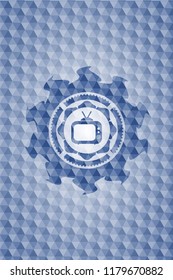 old tv, television icon inside blue hexagon emblem.