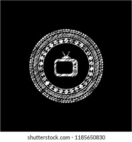 old tv, television icon inside chalkboard emblem