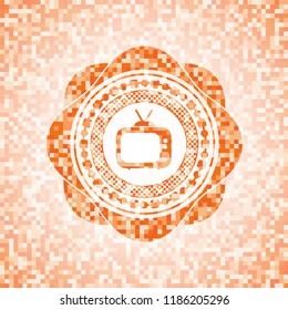 old tv, television icon inside abstract emblem, orange mosaic background
